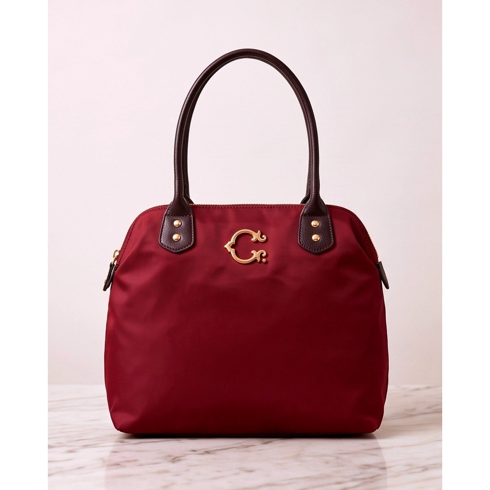 C Wonder Women Red Nylon Dome Tote Bag Gold Logo Dark Brown Handles